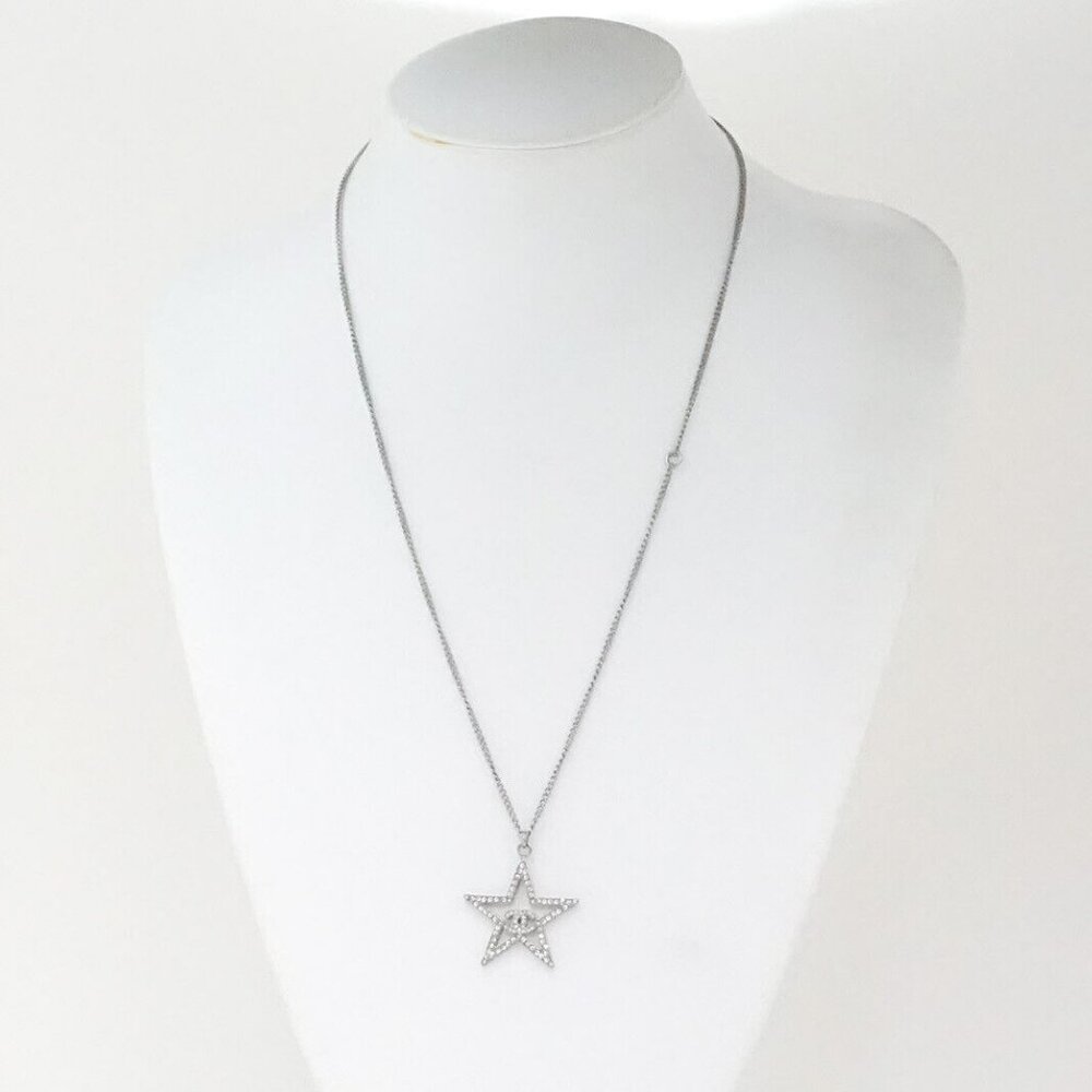 CHANEL Star CC Logos Rhinestone Necklace 23" Silver Tone 18A Auth w/Box g11032